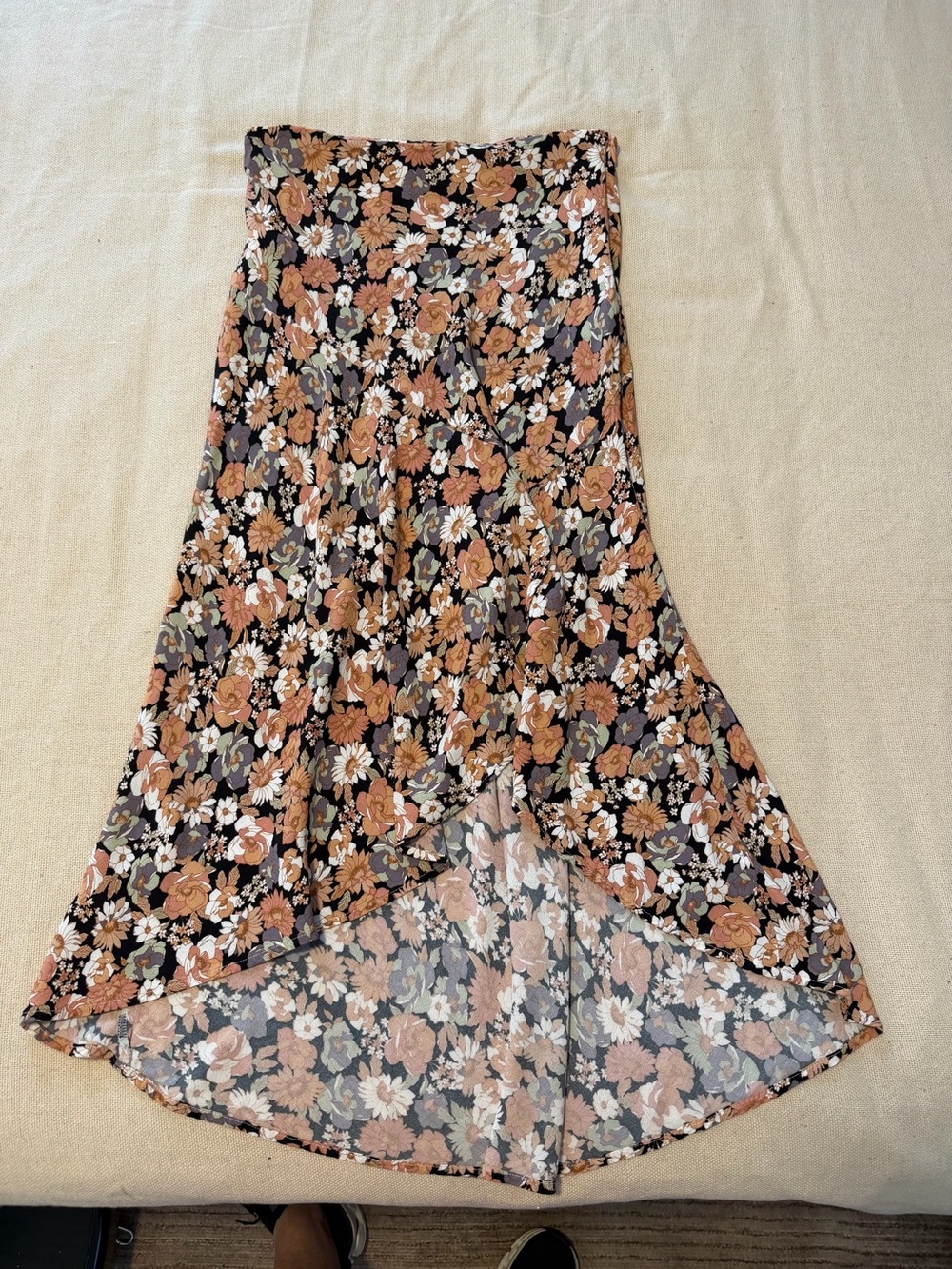 Floral High-Low Maxi Skirt - Black with Rust & White Floral - zipper